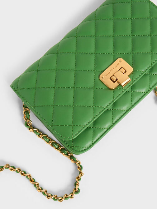 Quilted Push-Lock Clutch, Green, hi-res