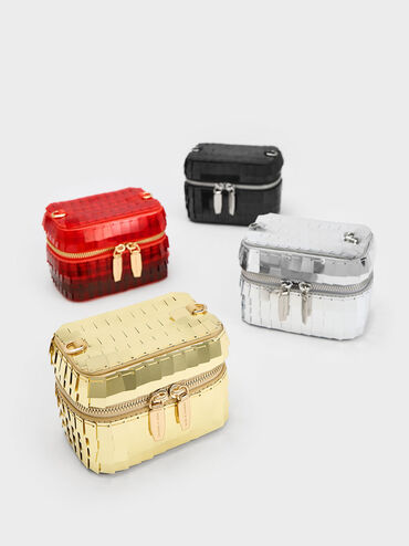 Disc-Embellished Vanity Pouch, Red, hi-res