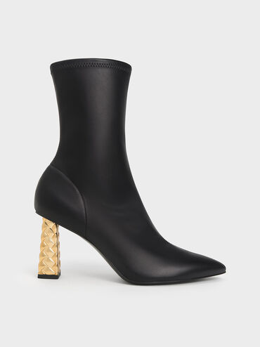 Pointed-Toe Quilted Heel Ankle Boots, Black, hi-res