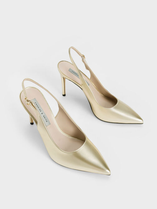 Metallic Stiletto Heel Slingback Pumps, Gold, hi-res