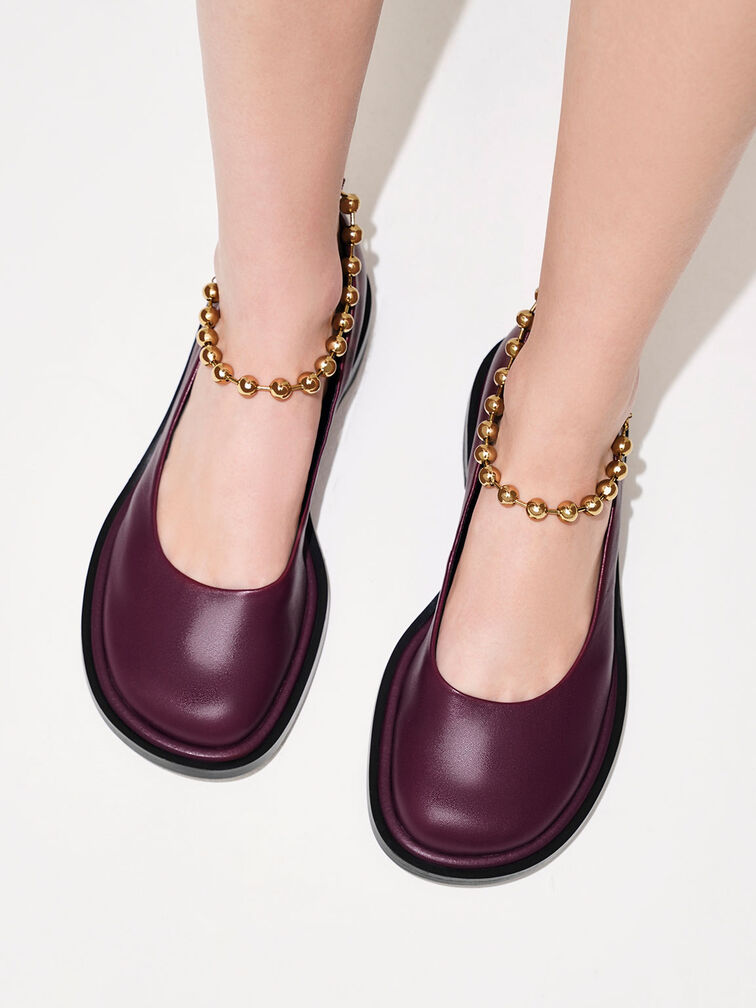 Beaded Ankle-Strap Leather Ballerinas, Prune, hi-res