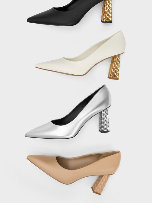 Metallic Quilted Heel Pointed-Toe Pumps, Silver, hi-res