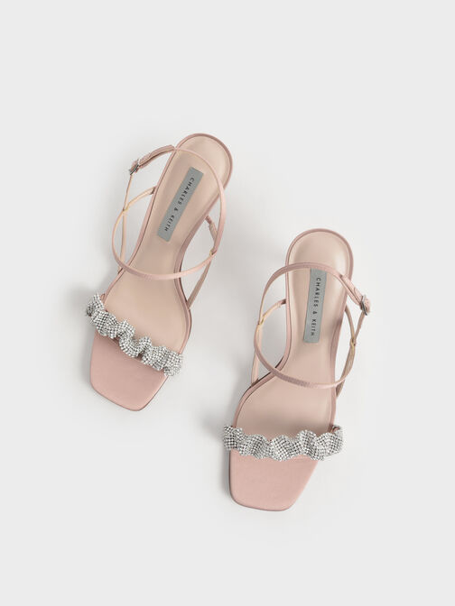 Gem-Embellished Satin Stiletto Sandals, Blush, hi-res