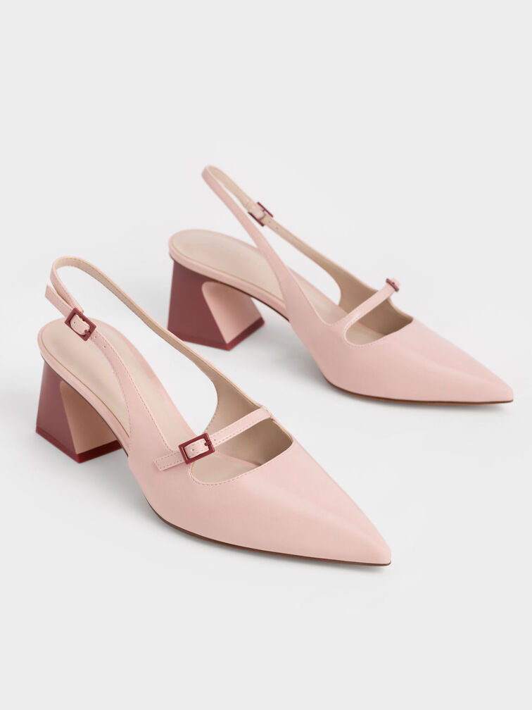 Two-Tone Trapeze Heel Slingback Pumps, Pink, hi-res