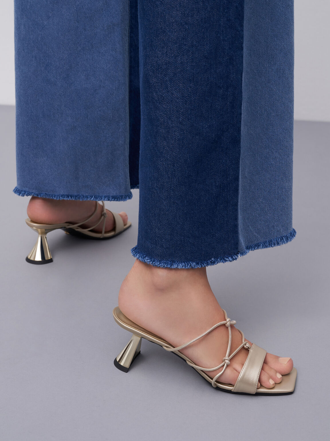 Strappy Metallic Kid Leather Sculptural Heel Sandals, Gold, hi-res