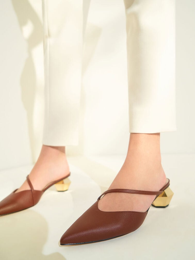 Everly Asymmetric Strap Chrome Heel Mules, Maroon, hi-res