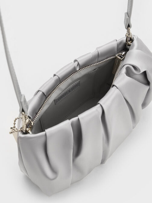 Satin Ruched Bead-Handle Bag, Silver, hi-res