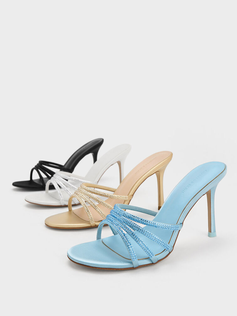 Satin Crystal-Embellished Heeled Mules, Gold, hi-res