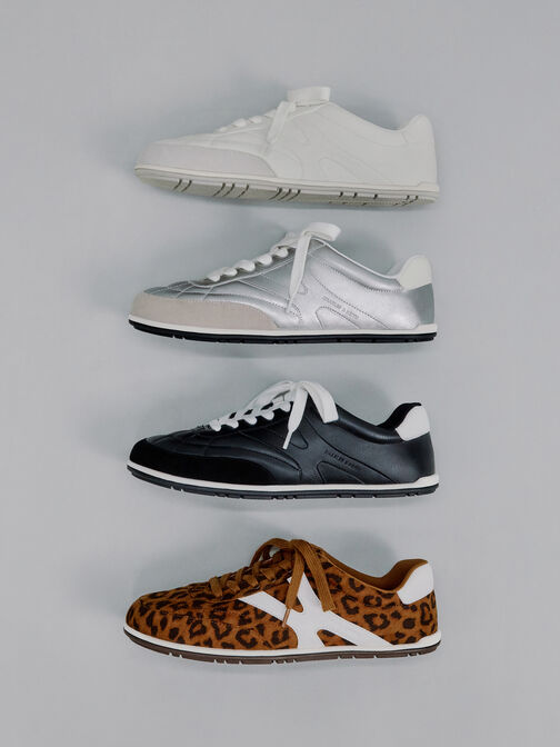 Faux Suede Two-Tone Low-Top Sneakers, Black, hi-res