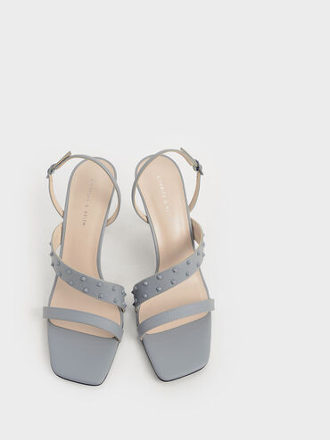 Studded Asymmetric Strap Stiletto Sandals, Light Blue, hi-res