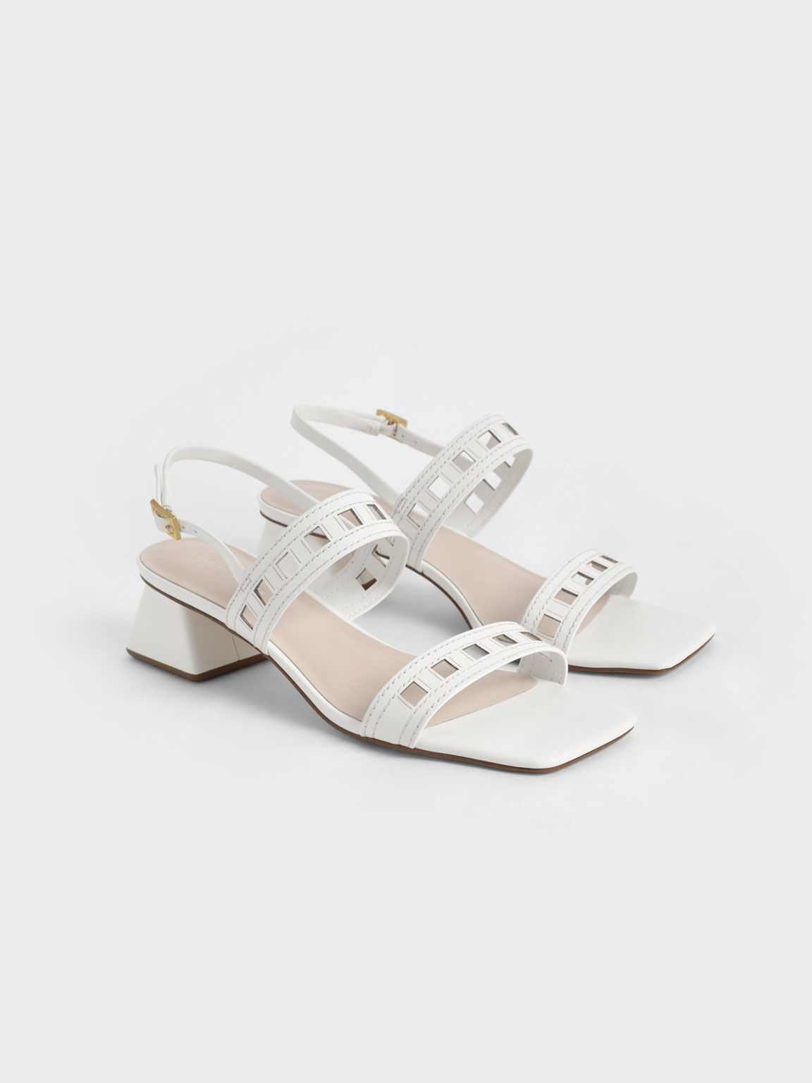 Cut-Out Heeled Slingback Sandals, White, hi-res