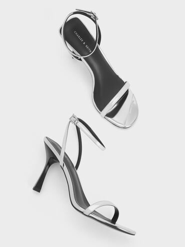 Metallic Cap Ankle-Strap Heeled Sandals, Silver, hi-res