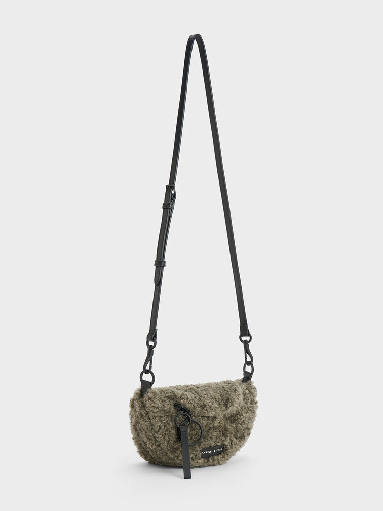 Philomena Furry Half-Moon Crossbody Bag, Khaki, hi-res