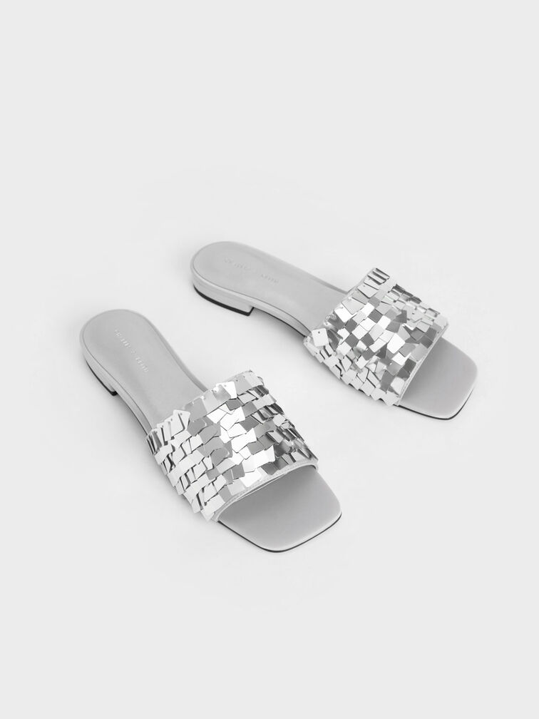 Sequinned Satin Slide Sandals, Silver, hi-res