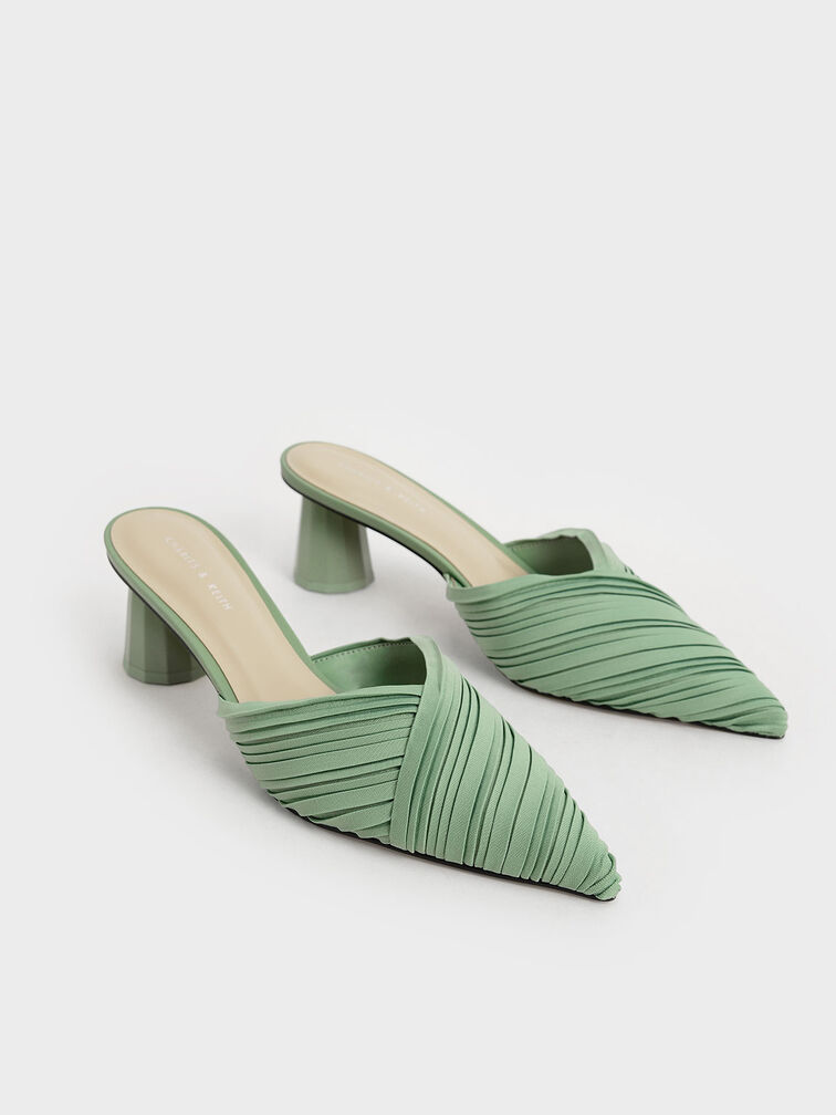 Pleated Pointed Toe Mules, Green, hi-res