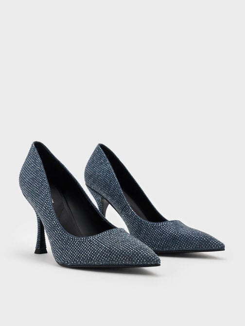 Denim Pointed-Toe Spool-Heel Pumps, Denim Blue Denim Pointed-Toe Spool-Heel Pumps, Denim Blue, hi-res