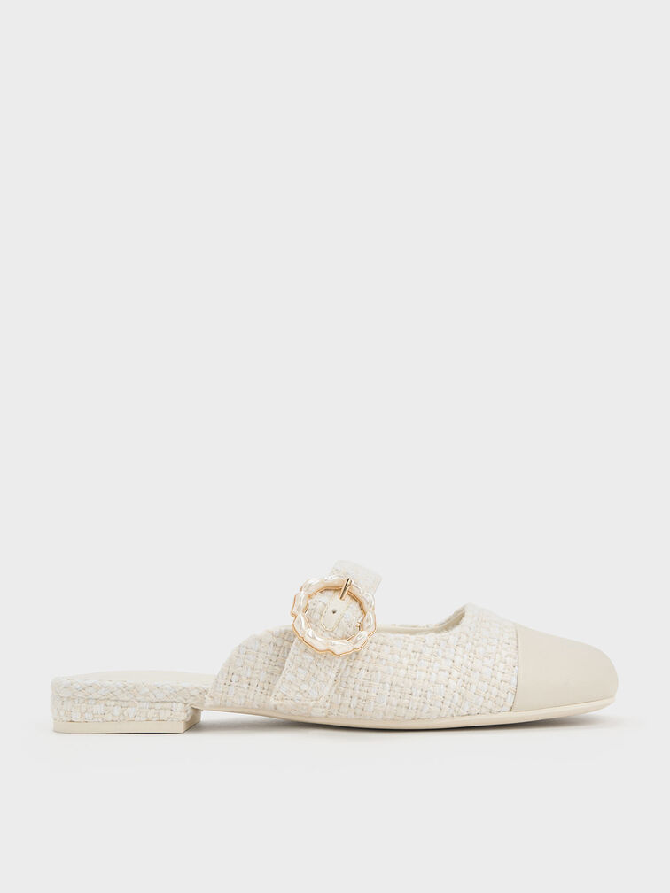 Tweed Pearl Buckle Mary Jane Mules, Chalk, hi-res