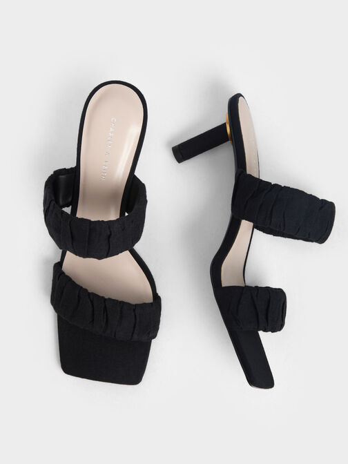 Linen Ruched Heeled Mules, Black, hi-res