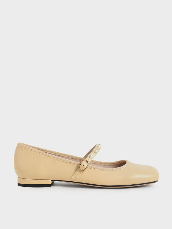 حذاء ماري جين مسطح مطرز بالخرز, أصفر, hi-res
