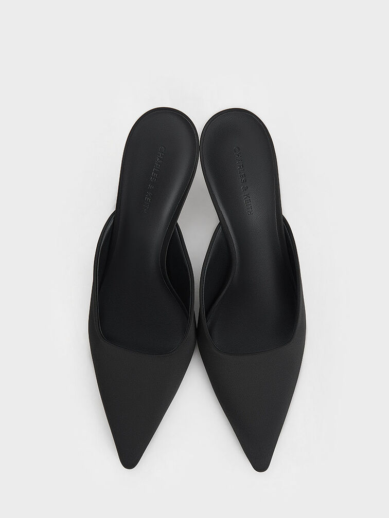 Satin Crystal-Heel Pointed-Toe Mules, Black Textured, hi-res