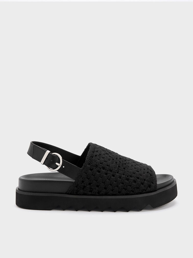 Crochet & Leather Slingback Sandals, Black, hi-res
