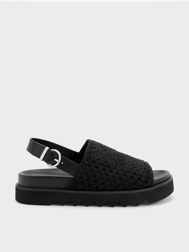 Crochet & Leather Slingback Sandals, Black, hi-res