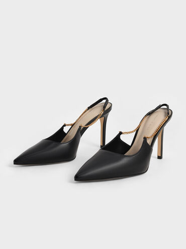 Chain-Link Slingback Stiletto Pumps, Black, hi-res