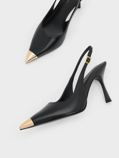 Metallic Cap Pointed-Toe Slingback Pumps, Black, hi-res