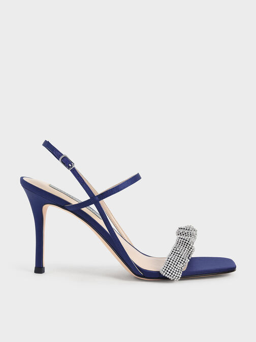 Gem-Embellished Satin Stiletto Sandals, Dark Blue, hi-res