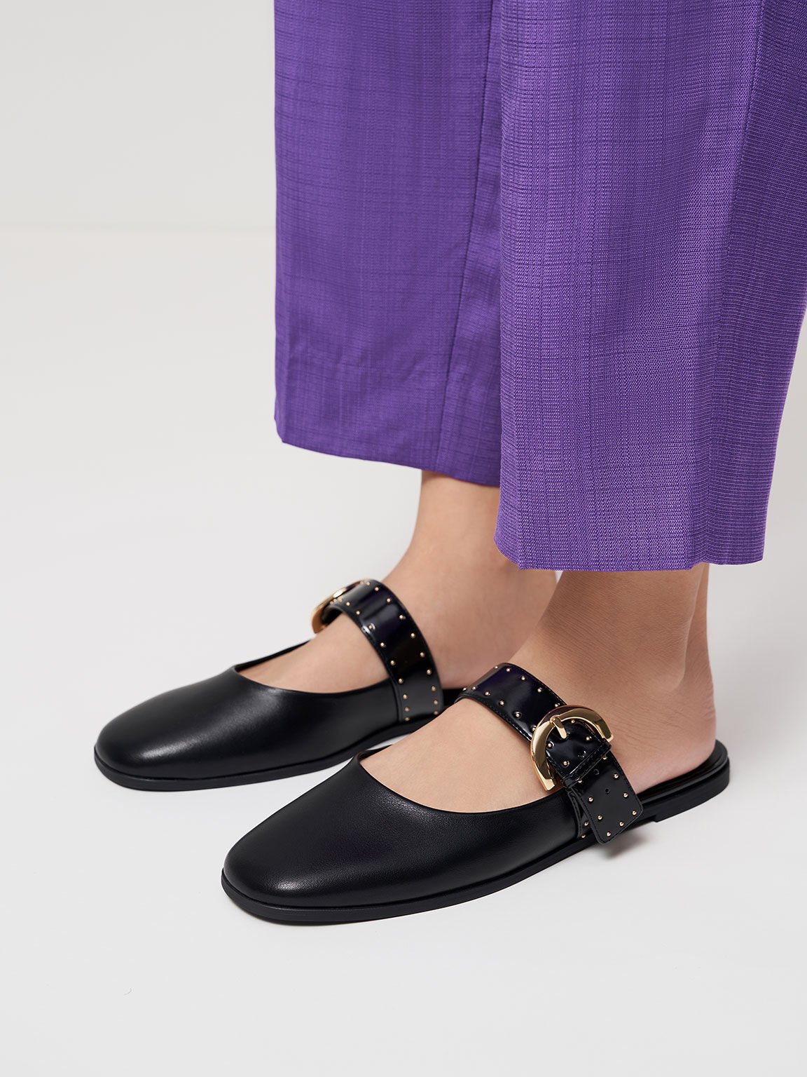 Black Studded Buckled Flat Mules CHARLES KEITH SA
