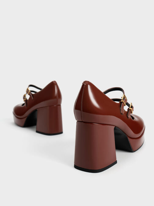 Patent Block Heel Mary Janes, Cognac, hi-res