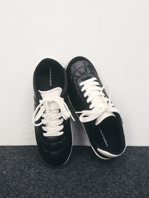 Faux Suede Two-Tone Low-Top Sneakers, Black, hi-res