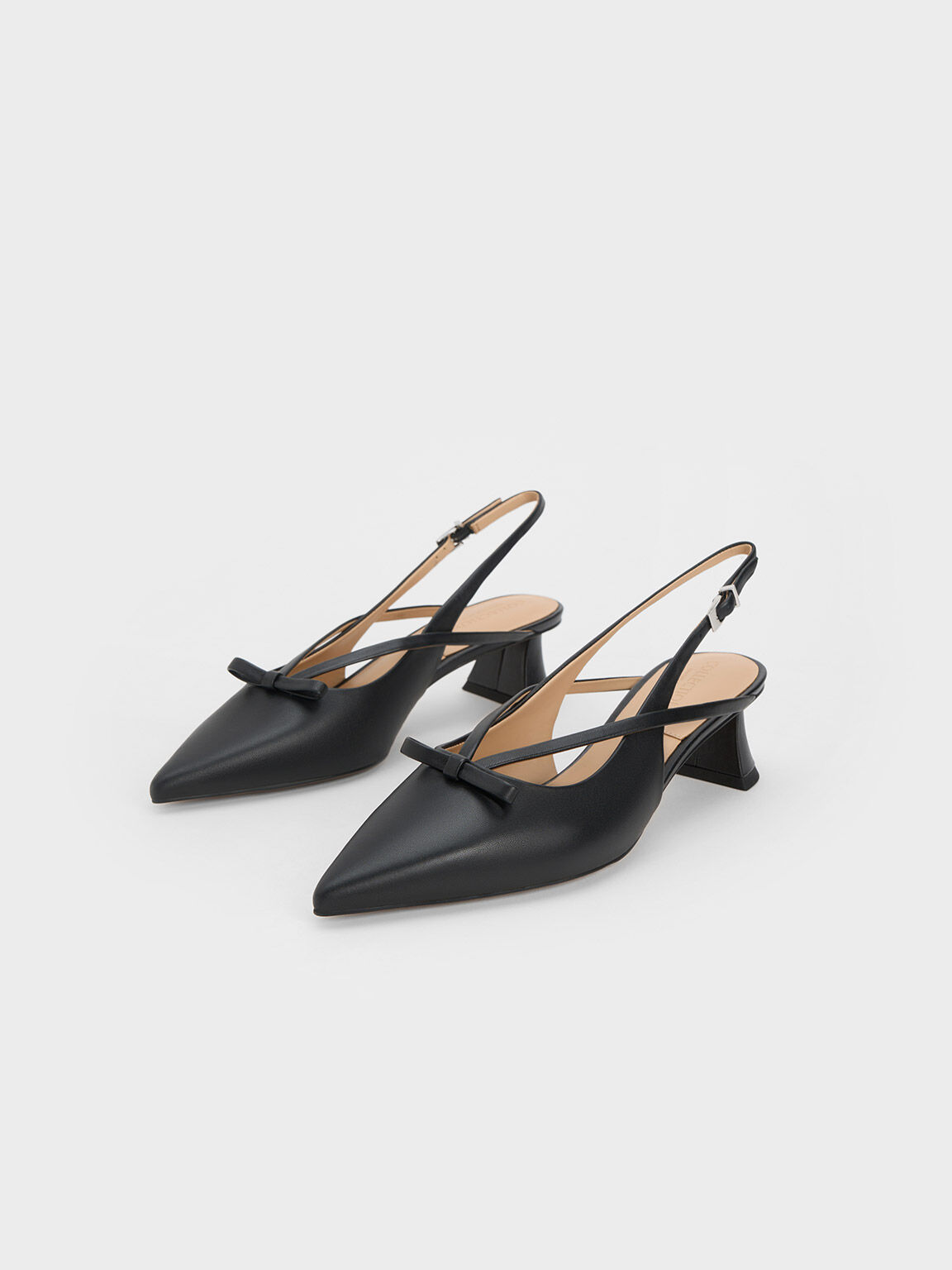 Leather Bow Strappy Slingback Pumps, Black, hi-res