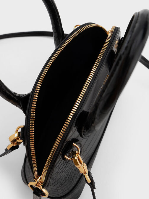 Harmonee Croc-Embossed Bowling Bag, Black, hi-res
