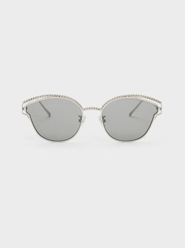 Braided Wire-Frame Cateye Sunglasses, Silver, hi-res