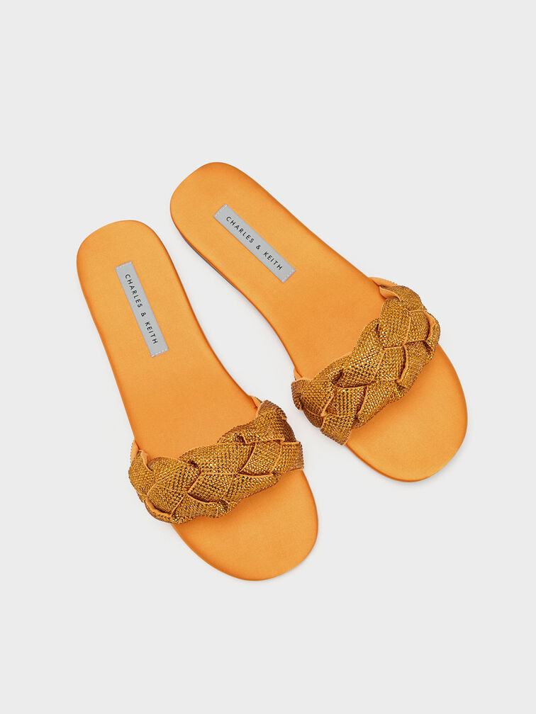 Gem-Embellished Braided Strap Slides, Orange, hi-res