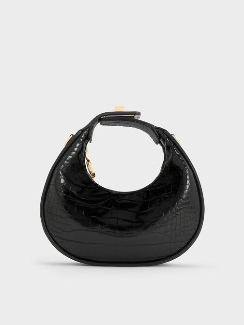 Mini Croc-Effect Moon Bag, Black, hi-res