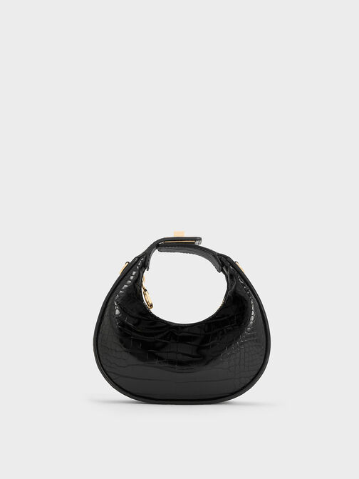 Mini Croc-Effect Moon Bag, Black, hi-res