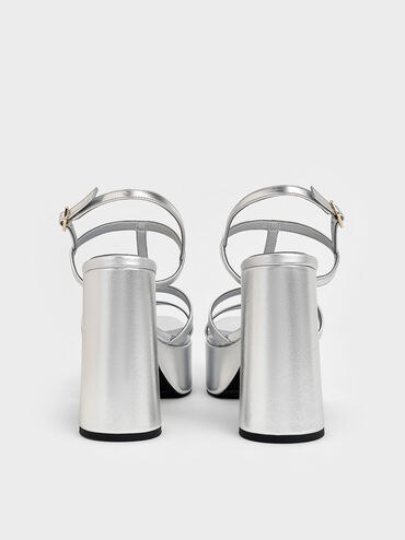 Metallic T-Bar Strappy Platform Sandals, Silver, hi-res