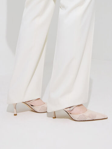 Mesh Woven Heeled Mules, Cream, hi-res