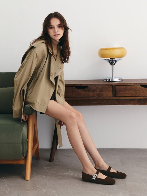 حذاء ماري جين فلات لاندو شمواه صناعي بمشبك, بني محبّب غامق, hi-res