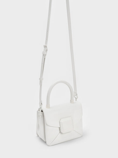 Geometric Push-Lock Top Handle Bag, White, hi-res