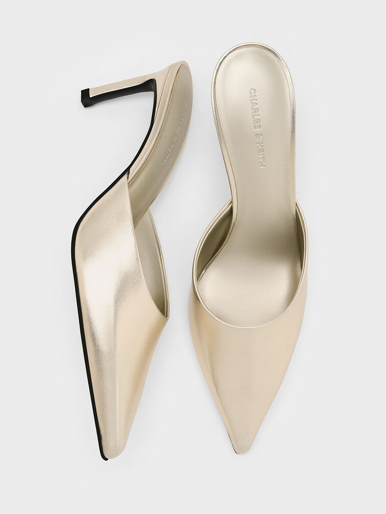 Metallic Pointed-Toe Heeled Mules, Gold, hi-res
