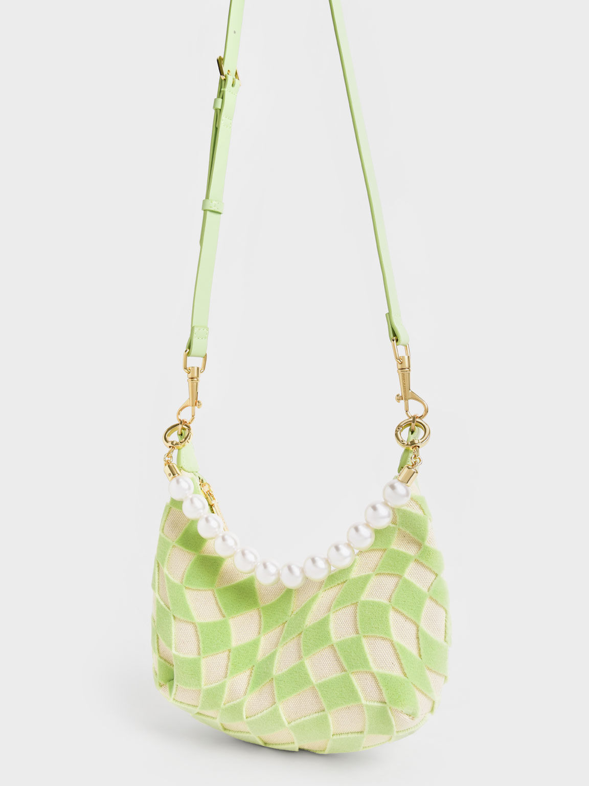 Checkered Canvas Bead-Handle Bag, Mint Green, hi-res