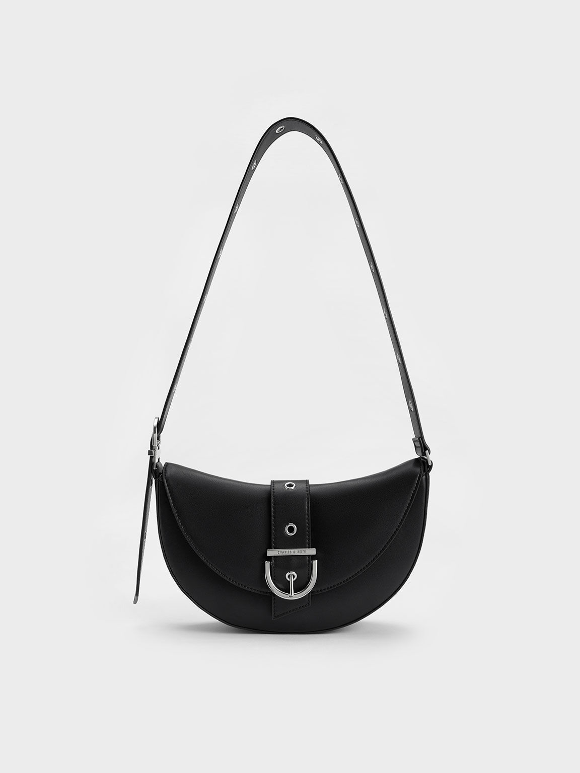 Buckled Strap Crescent Bag, Black, hi-res