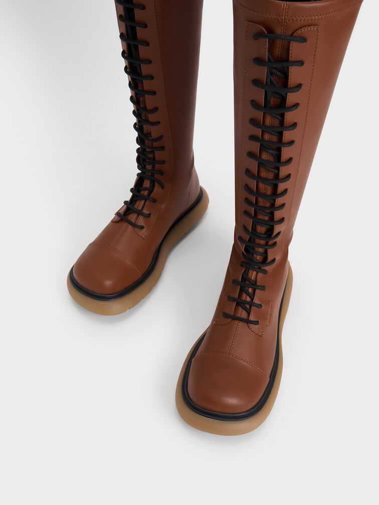 Gum Sole Lace-Up Knee-High Boots, Cognac, hi-res