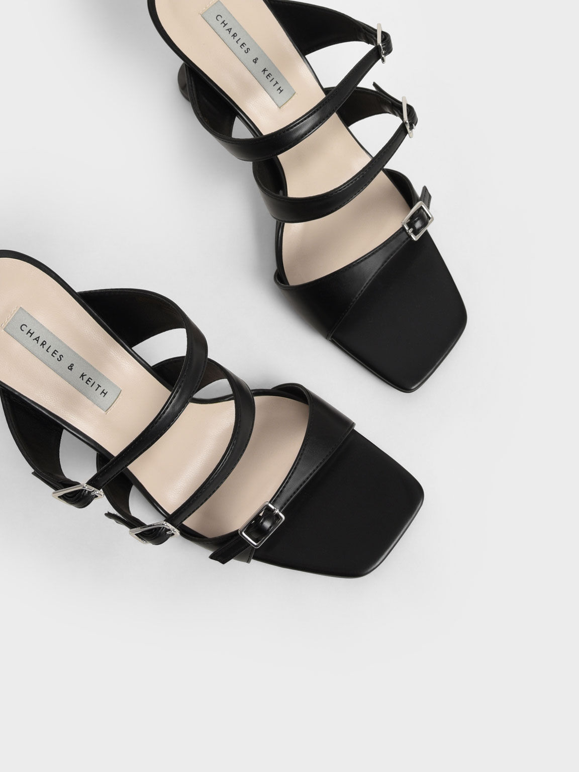 Triple Strap Sculptural Heel Mules, Black, hi-res