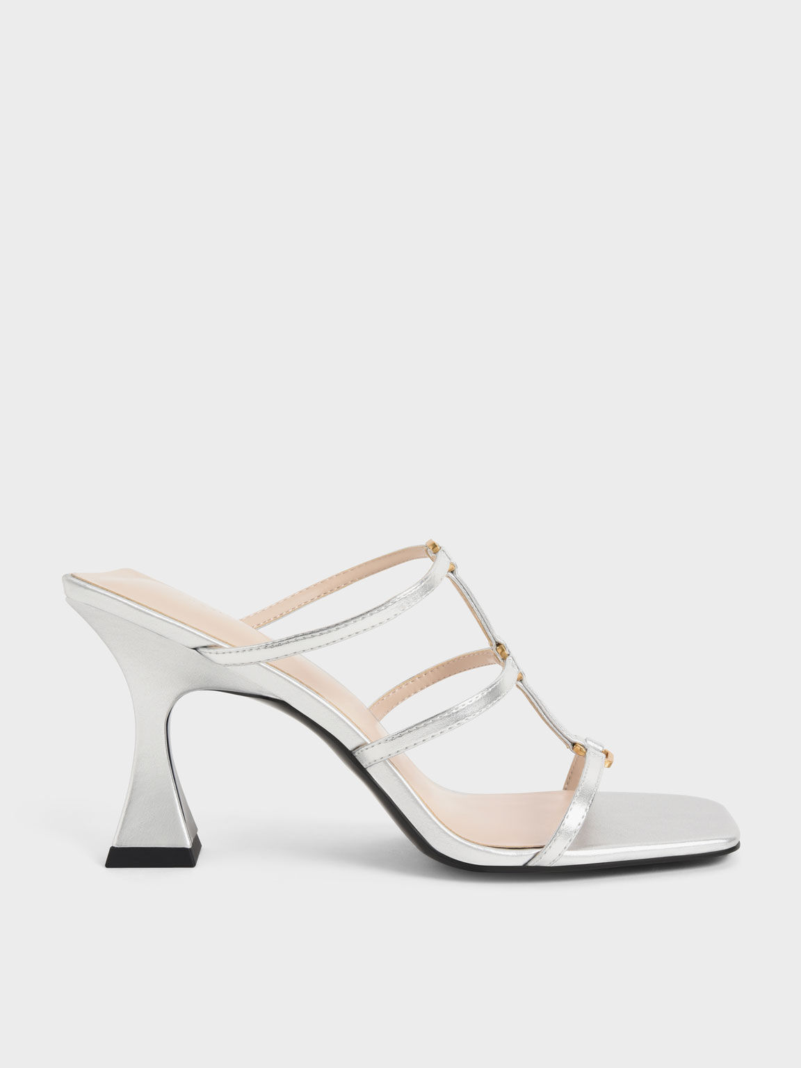 Strappy Sculptural Heel Mules, Silver, hi-res
