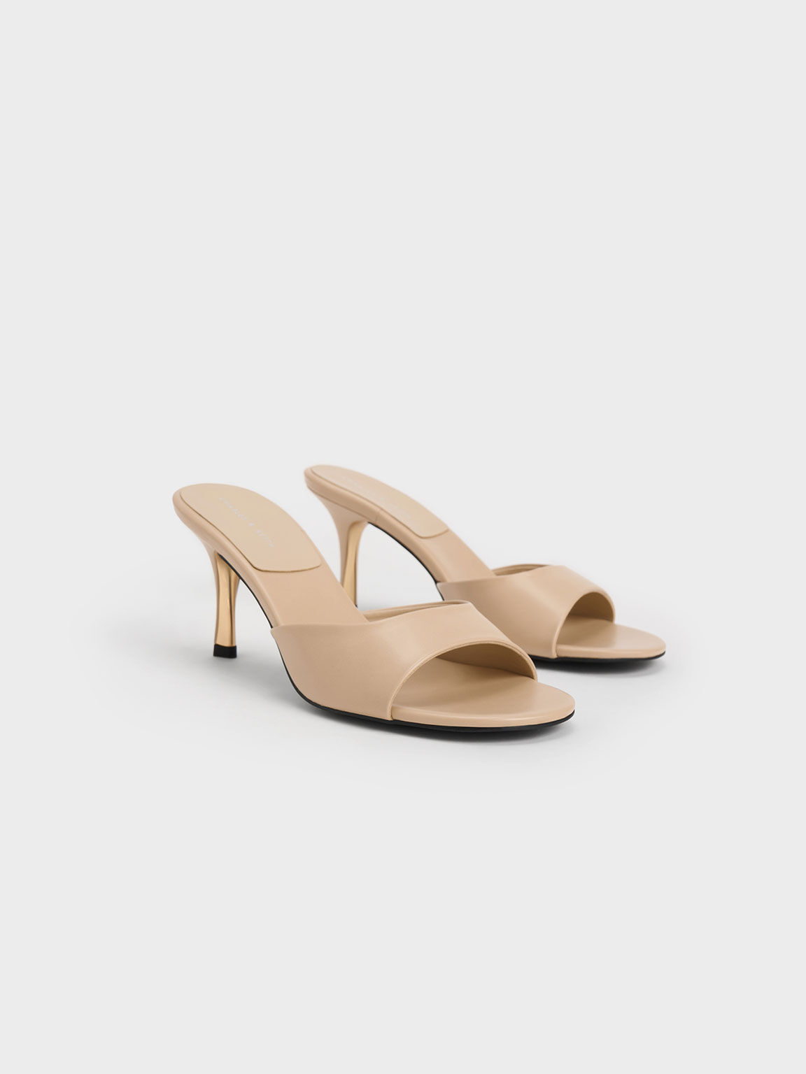 Round-Toe Sculptural Heel Mules, Beige, hi-res
