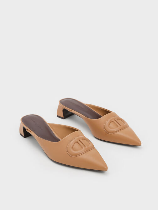 Oval Stitch-Trim Pointed-Toe Mules, Camel, hi-res